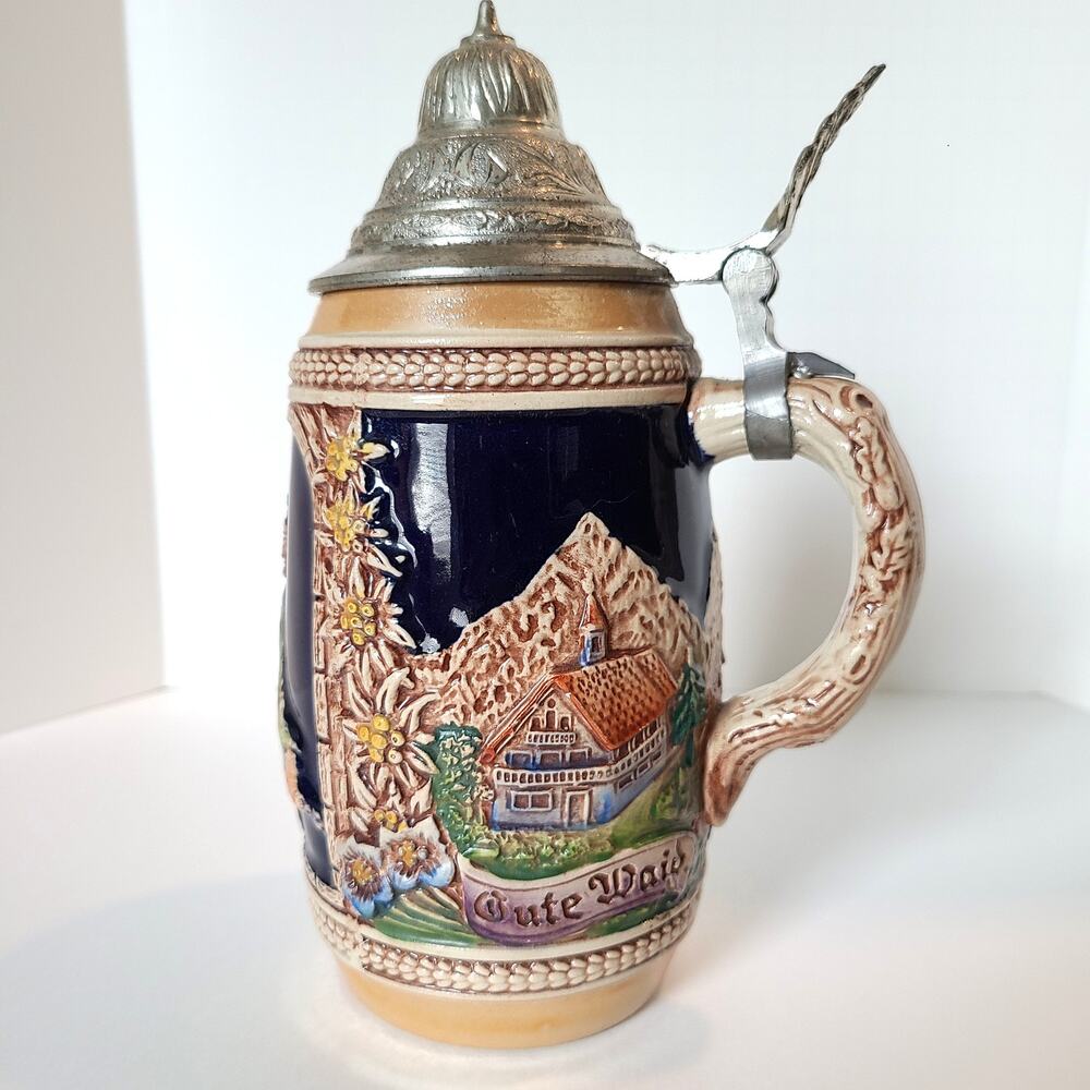 Gerz Beer Stein West Germany Vintage Porcelain Ceramic Pewter Lid Hunters Gerzit